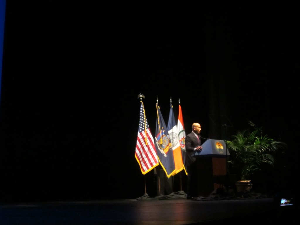 Borough President Ruben Diaz Jr. at the podium for his fifth State of the Borough Address. Photo by Paolo Mossetti