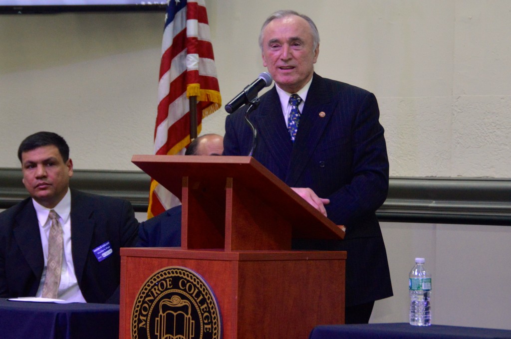 NYPD top cop Bill Bratton stopped by Monroe College’s School of Criminal Justice during a meeting of the Latino Officers Association on Feb. 25. Bratton spoke before an audience of 275 guests, discussing topics that included stop-and-frisk while taking questions on the impact of community policing.  “That is such an essential element of what we need to do,” said Bratton. “We the police can’t do it by ourselves.  We need to do it in partnership. A lot of the trust we lost because of the stop, question and frisk is so critical because if they don’t talk with us, trust us to use information, we can’t do it by ourselves.” Photo courtesy Monroe College 