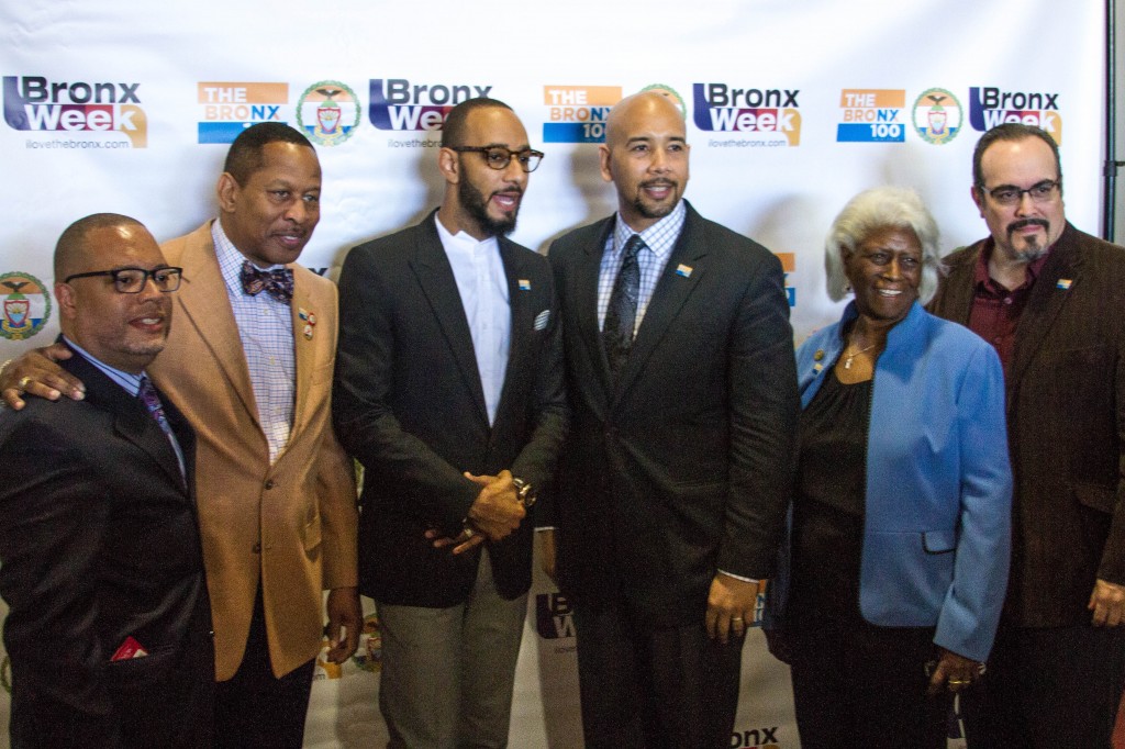 Bronx Week kicks off Hollywood style, with actors with tied to the Bronx. (l-r) Roberto Garcia Sr. Director of Government Relations at Montefiore Medical Center, Councilman Andy King, Swizz Beats, Borough President Ruben Diaz, and Deputy Borough President Aurelia Greene.