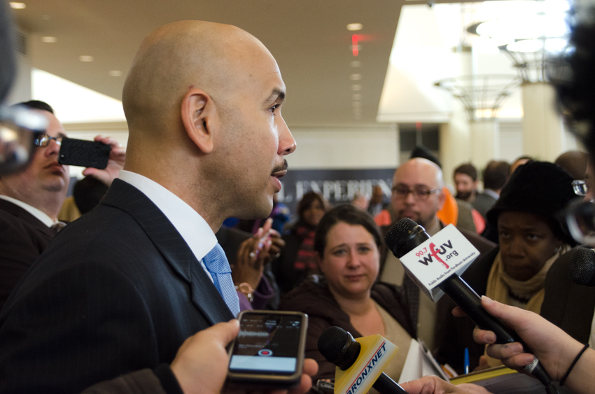 DIAZ SPEAKS WITH a gaggle of reporters shortly after his State of the Borough speech. Photo by Jenny Sharp