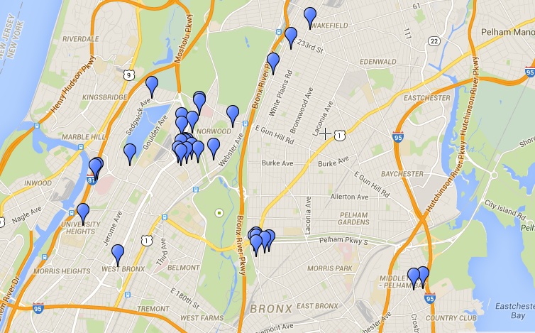 THIS MAP USING DATA collected by West Bronx Housing shows where properties owned by The Related Companies fall in the northwest Bronx. Image courtesy Scribble Maps/Google Maps