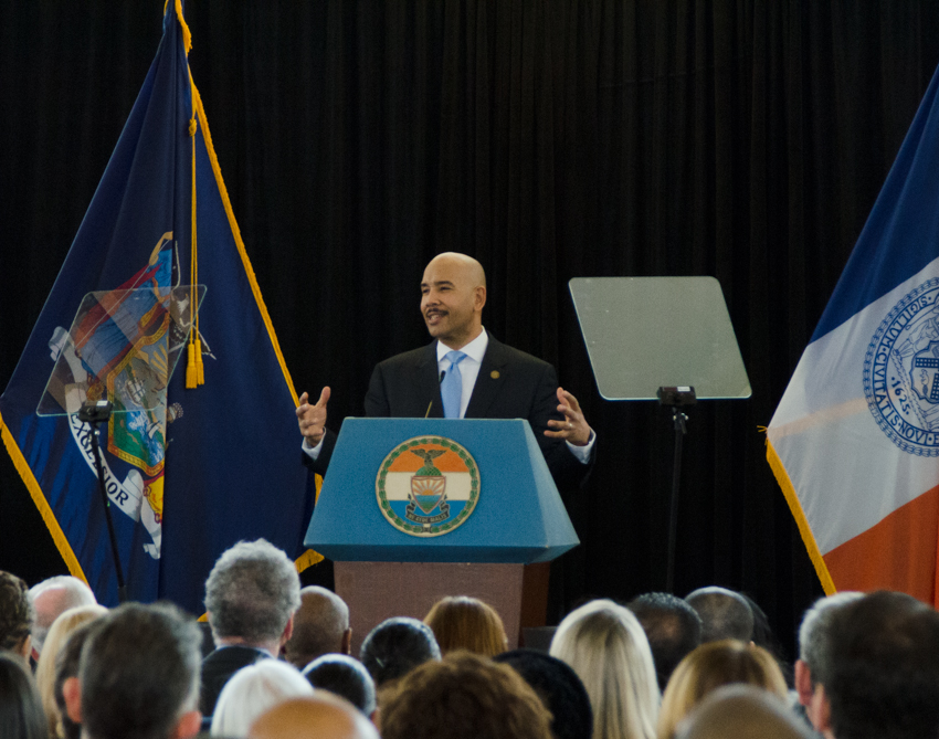 DELIVERING HIS SIXTH State of the Borough speech at Bay Plaza Mall, Borough President Ruben Diaz Jr. touted 2014's year of successes. Photo by Jenny Sharp
