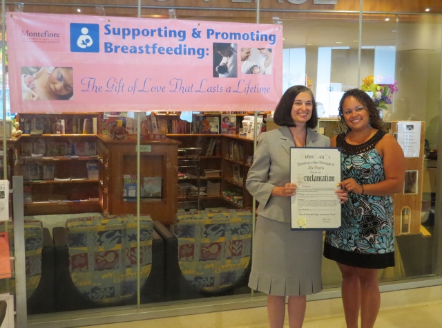 DR. JUDY ASCHNER, physician-in-chief of the CHAM, accepts a proclamation declaring it "World Breastfeeding Week" in the Bronx from Melissa Cebollero, the Director of Health and Human Services for Bronx Borough President's Office. Photo by Jasmine Gomez