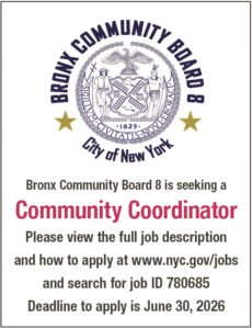Ad for Bronx Board 8 Community Coordinator job - links to website